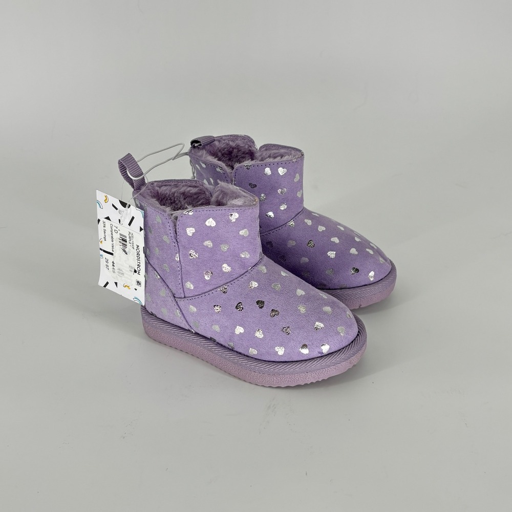 New Harper Canyon Elly Cozy Short Boots Purple Kids Size 7 Silver Heart Print